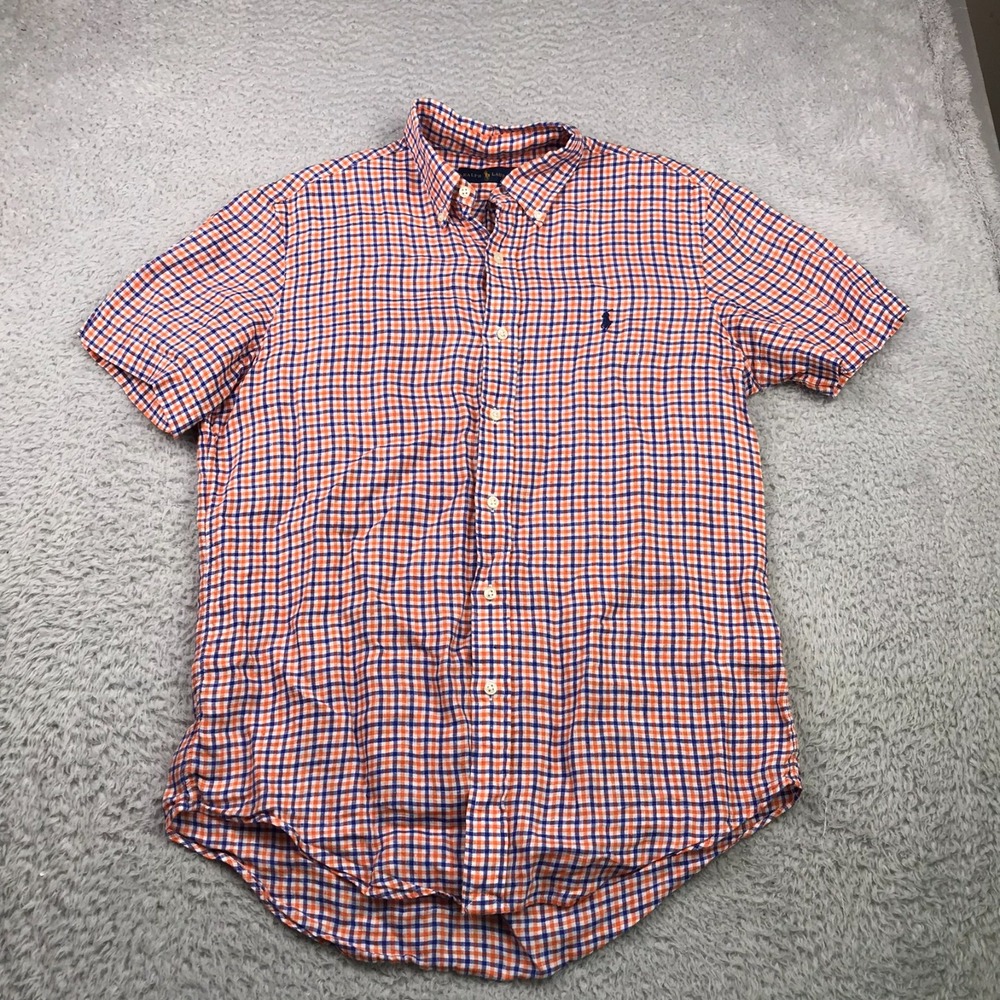 Ralph Lauren Shirt Mens M Orange/Blue Gingham Linen Short Sleeve Button Down
